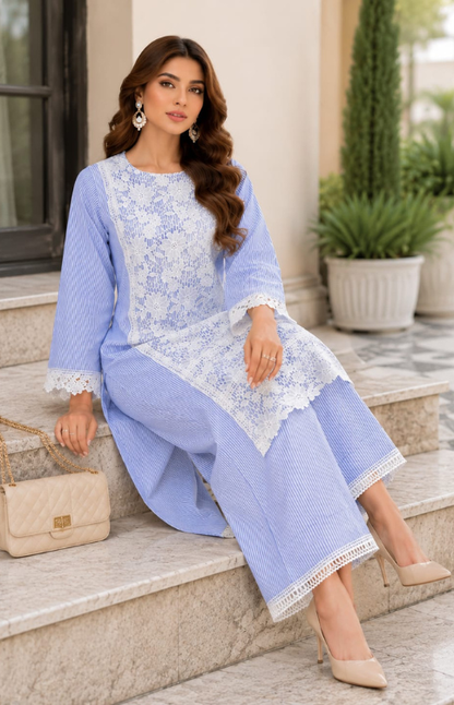 Serene Blue Crochet Kurta Set