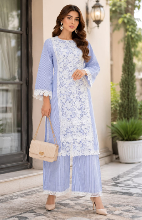 Serene Blue Crochet Kurta Set