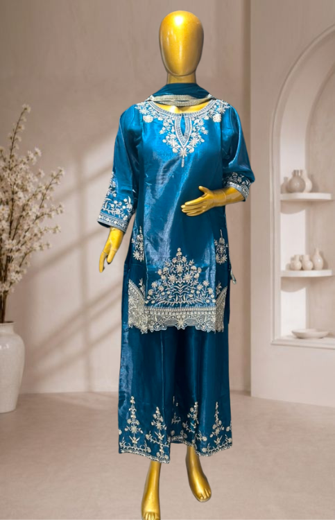 Teal Blue Fendi Silk Embroidered Sharara Set