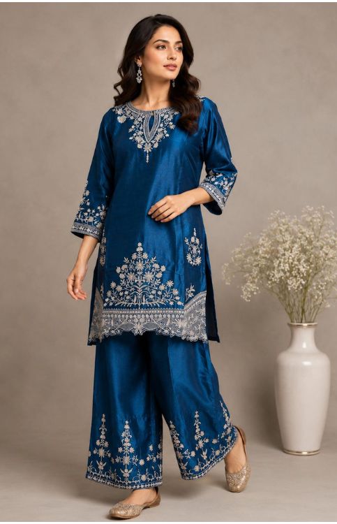 Teal Blue Fendi Silk Embroidered Sharara Set