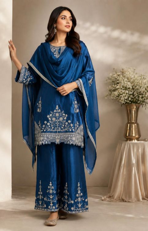 Teal Blue Fendi Silk Embroidered Sharara Set