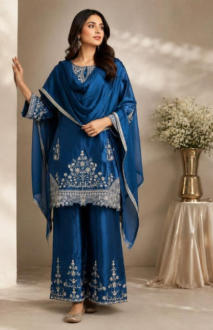 Teal Blue Fendi Silk Embroidered Sharara Set