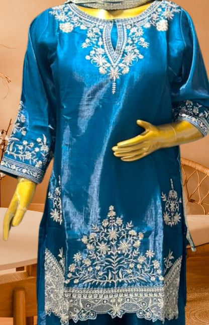 Teal Blue Fendi Silk Embroidered Sharara Set