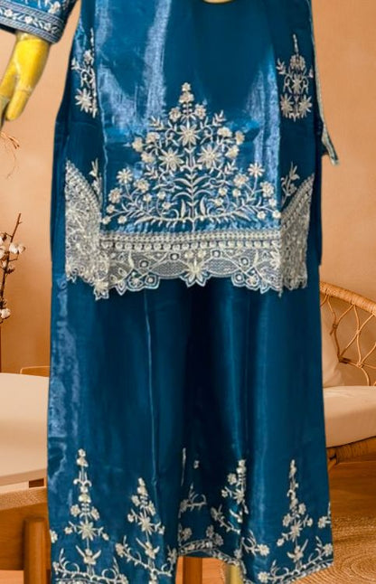 Teal Blue Fendi Silk Embroidered Sharara Set