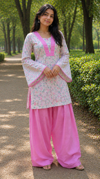 Pink Printed Cotton Kurta With Farshi Salwar
