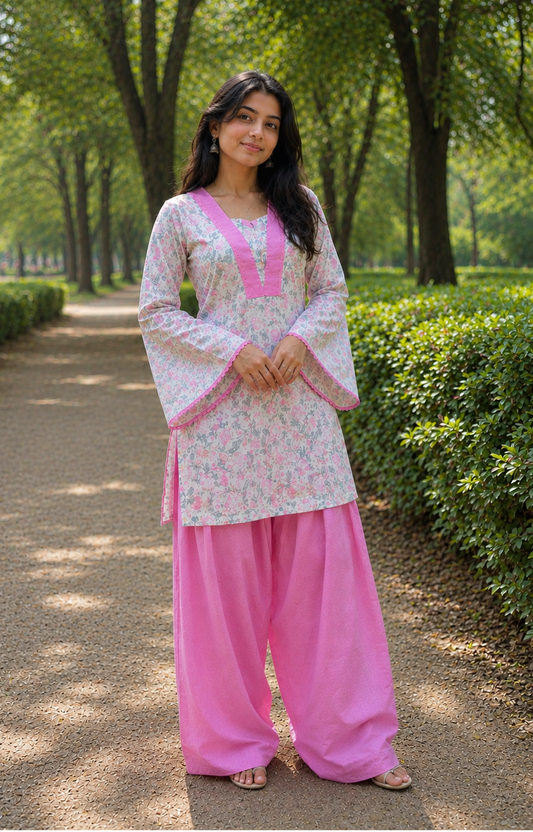 Pink Printed Cotton Kurta With Farshi Salwar