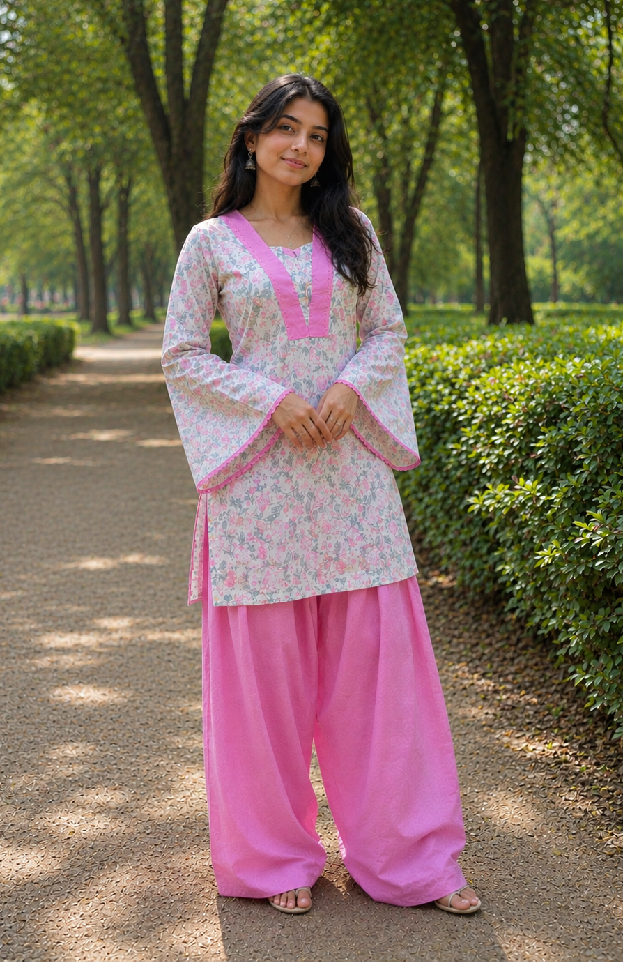 Pink Printed Cotton Kurta With Farshi Salwar