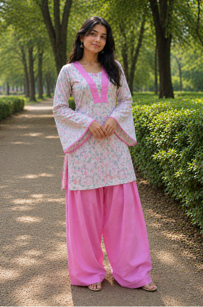 Pink Printed Cotton Kurta With Farshi Salwar