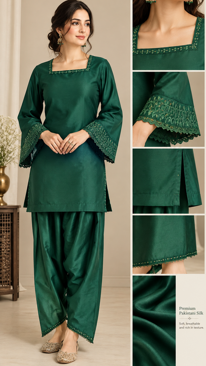 Emerald Green Pakistani Silk Farshi Set with Gold-Trimmed Dupatta