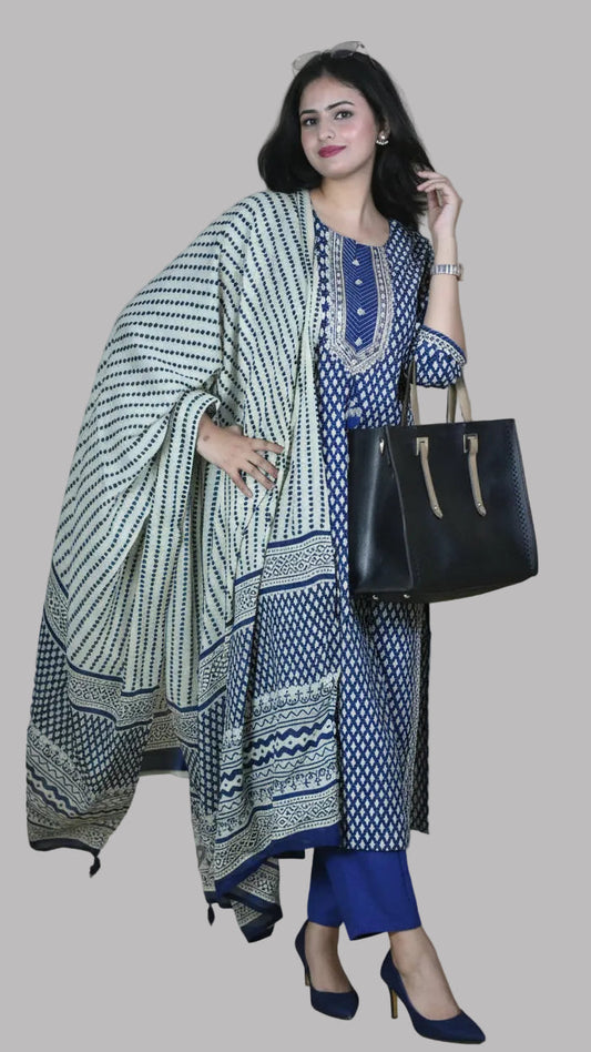 Blue Printed Cotton Suit Set
