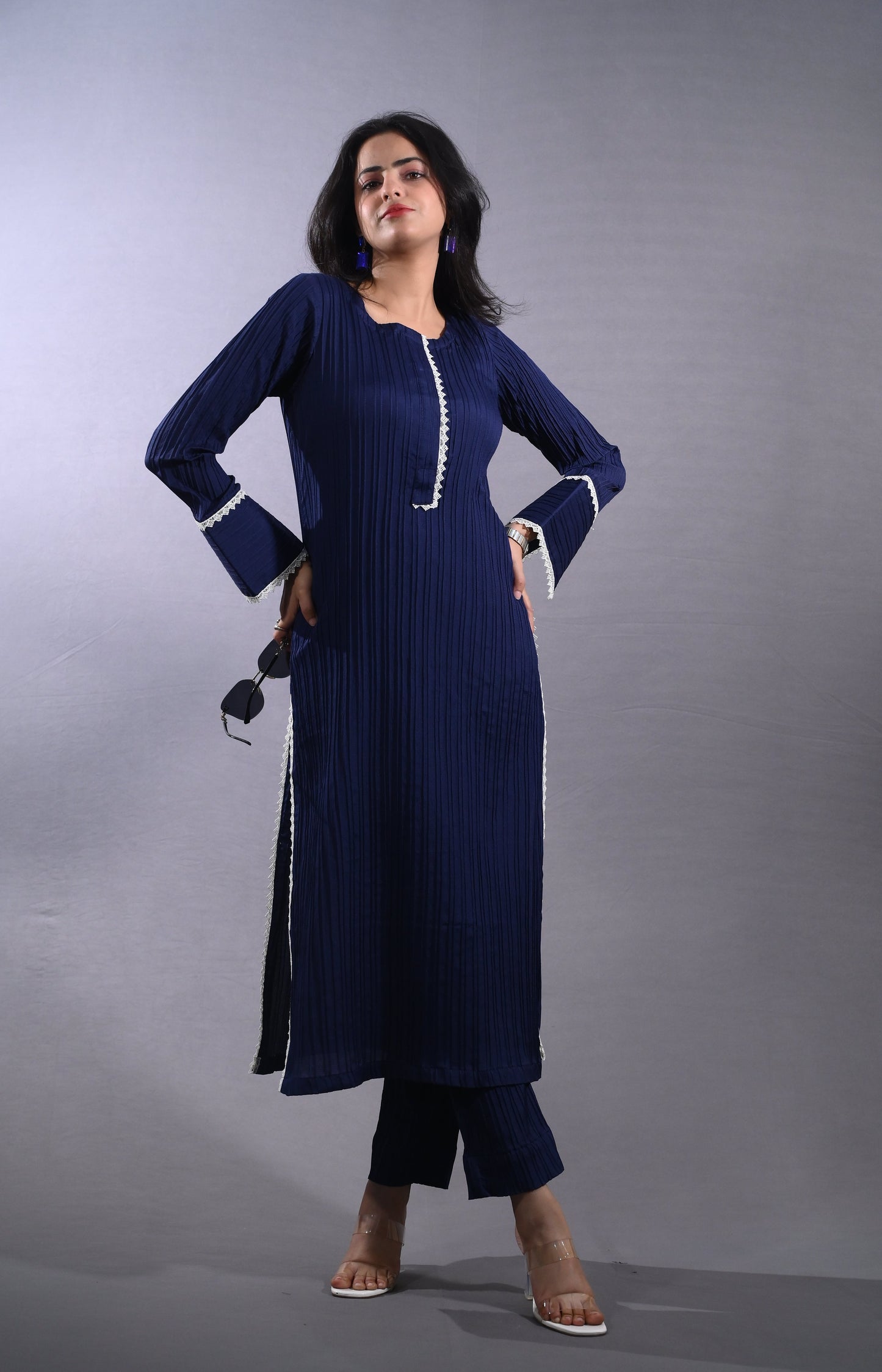 Navy Blue Straight Fit Kurta Pant Set
