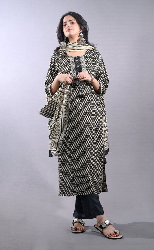 Black Printed Cotton Suit Set