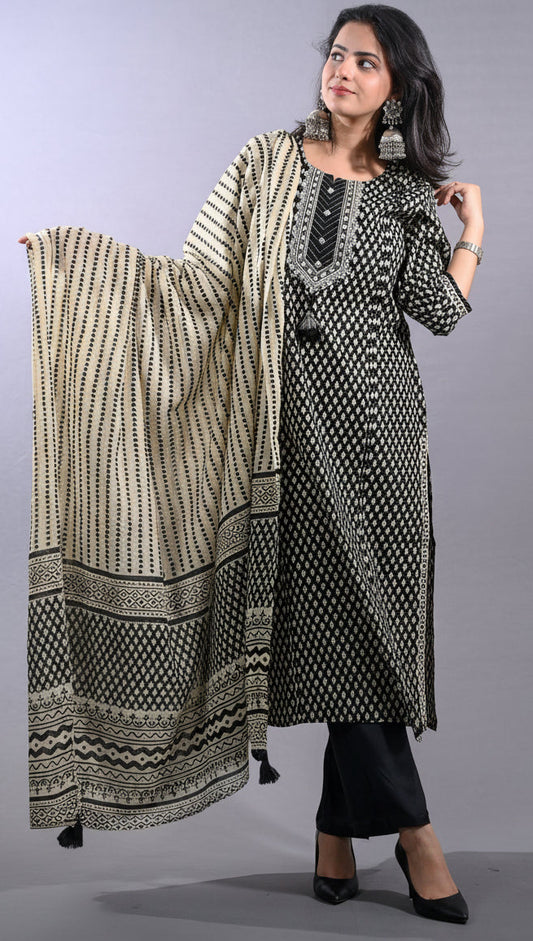 Black Printed Cotton Suit Set