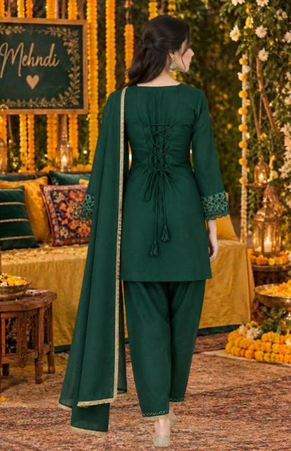 Emerald Green Pakistani Silk Farshi Set with Gold-Trimmed Dupatta