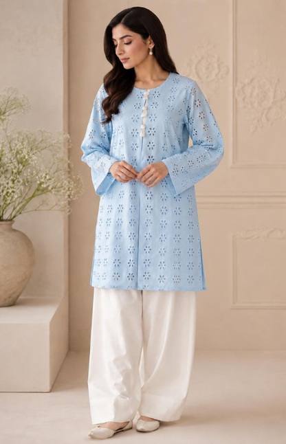 Sky Blue Hakoba Cotton Kurta with White Farshi Salwar Set
