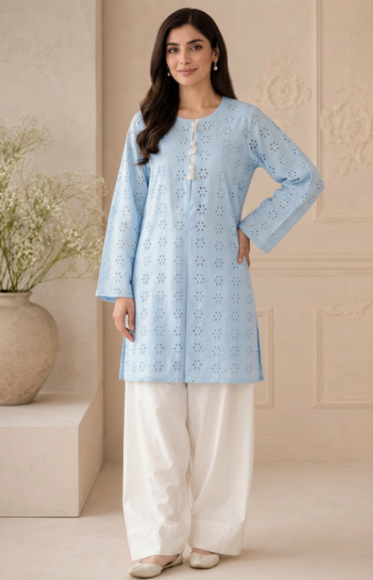 Sky Blue Hakoba Cotton Kurta with White Farshi Salwar Set