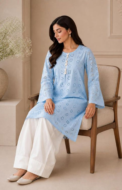 Sky Blue Hakoba Cotton Kurta with White Farshi Salwar Set