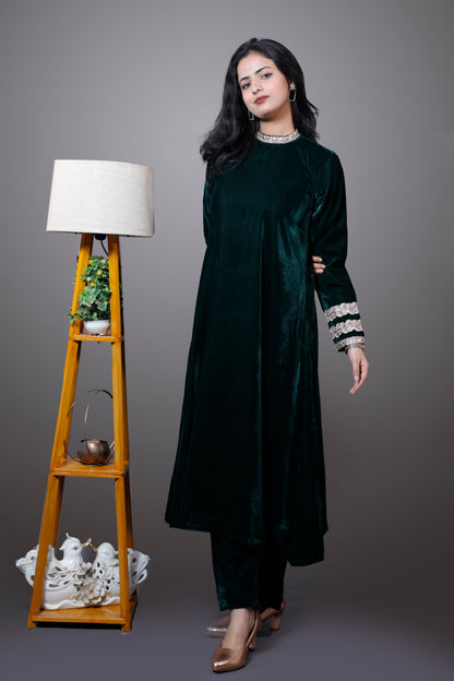 Two Piece Green Velvet Set(High Neck)