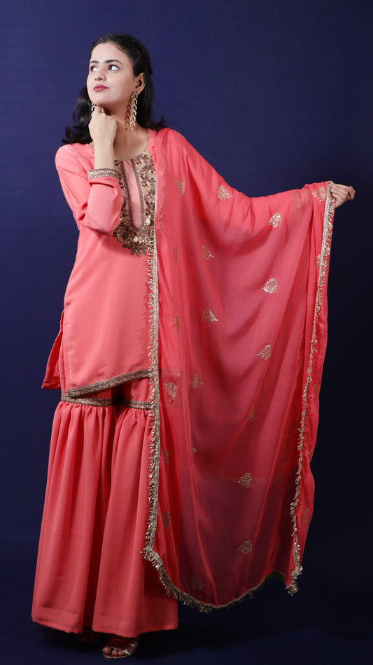 Sunset Orange Crepe Fabric Gharara Set