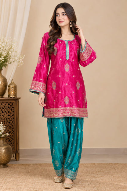 Magenta & Turquoise Gajji Silk Partywear Suit with Chinnon Dupatta