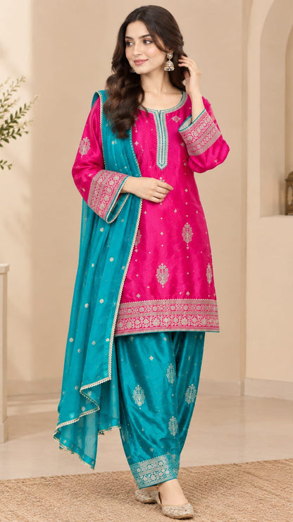 Magenta & Turquoise Gajji Silk Partywear Suit with Chinnon Dupatta