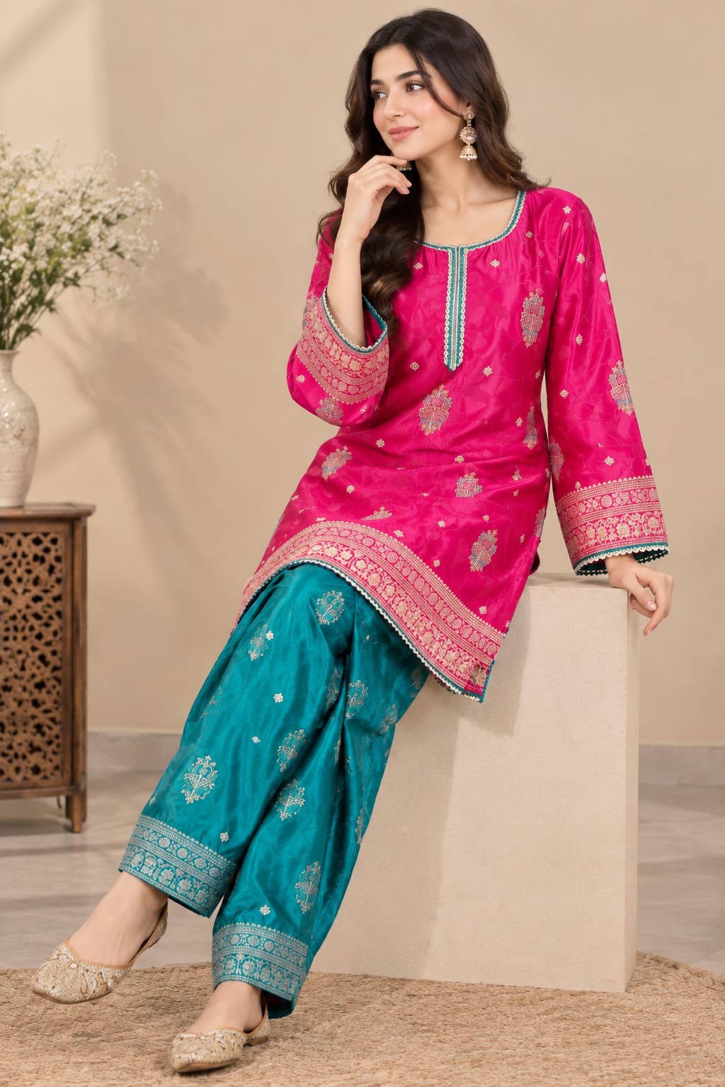 Magenta & Turquoise Gajji Silk Partywear Suit with Chinnon Dupatta