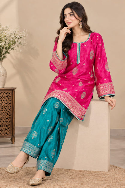 Magenta & Turquoise Gajji Silk Partywear Suit with Chinnon Dupatta