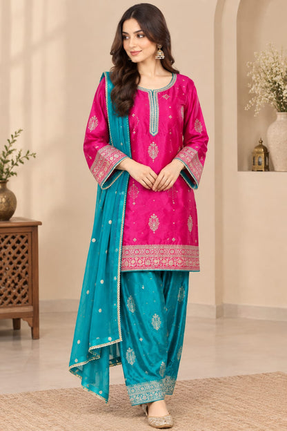 Magenta & Turquoise Gajji Silk Partywear Suit with Chinnon Dupatta