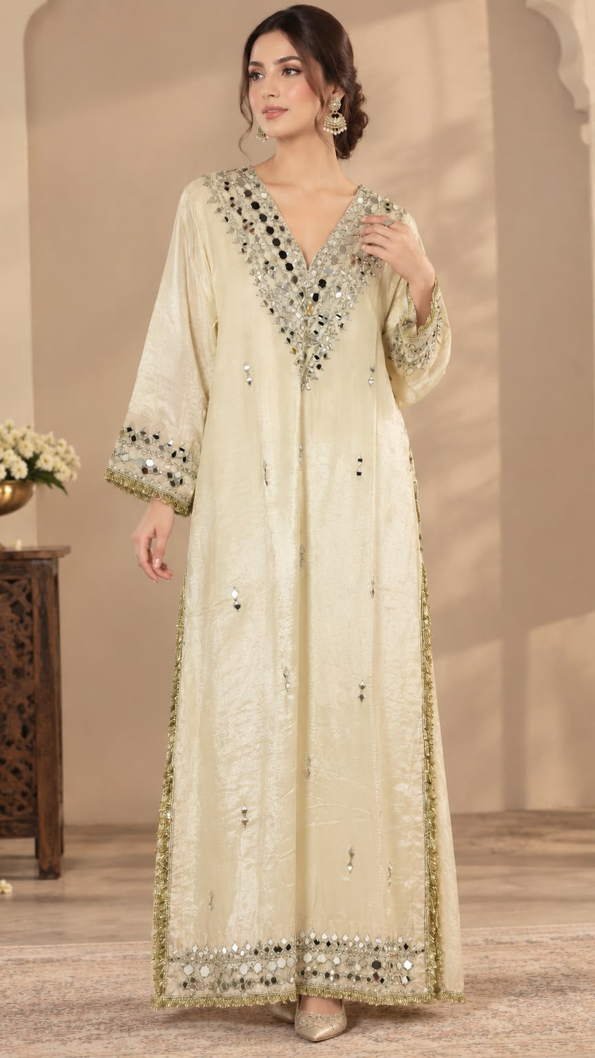 Kareena Kapoor Inspired Ivory Kaftan Dress with Mirror Work & Embellished Potli