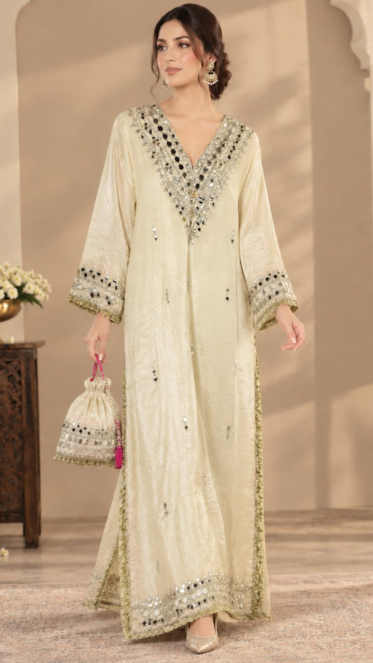 Kareena Kapoor Inspired Ivory Kaftan Dress with Mirror Work & Embellished Potli