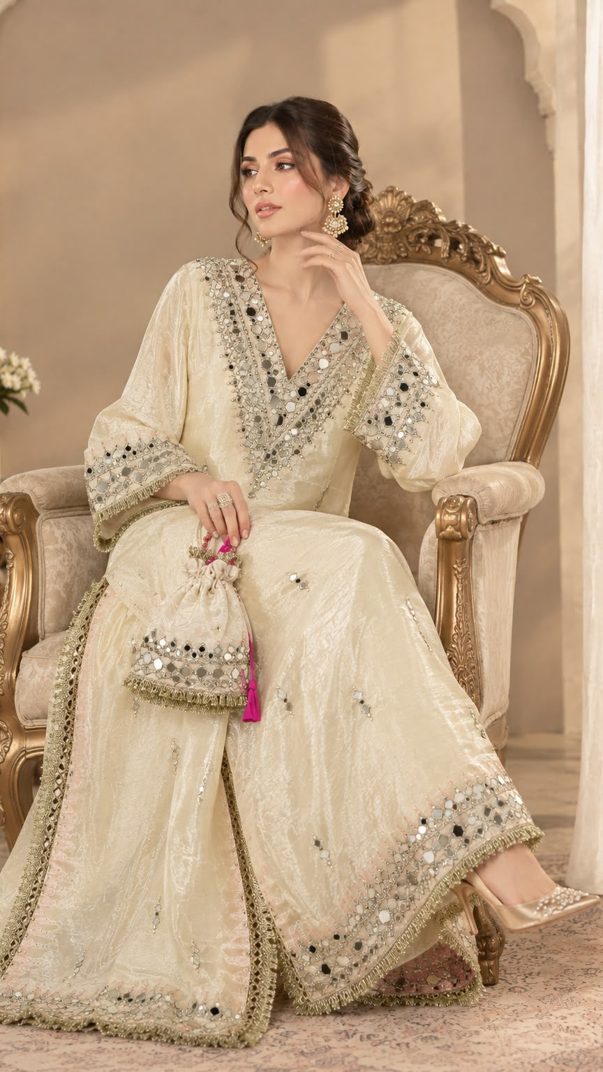 Kareena Kapoor Inspired Ivory Kaftan Dress with Mirror Work & Embellished Potli