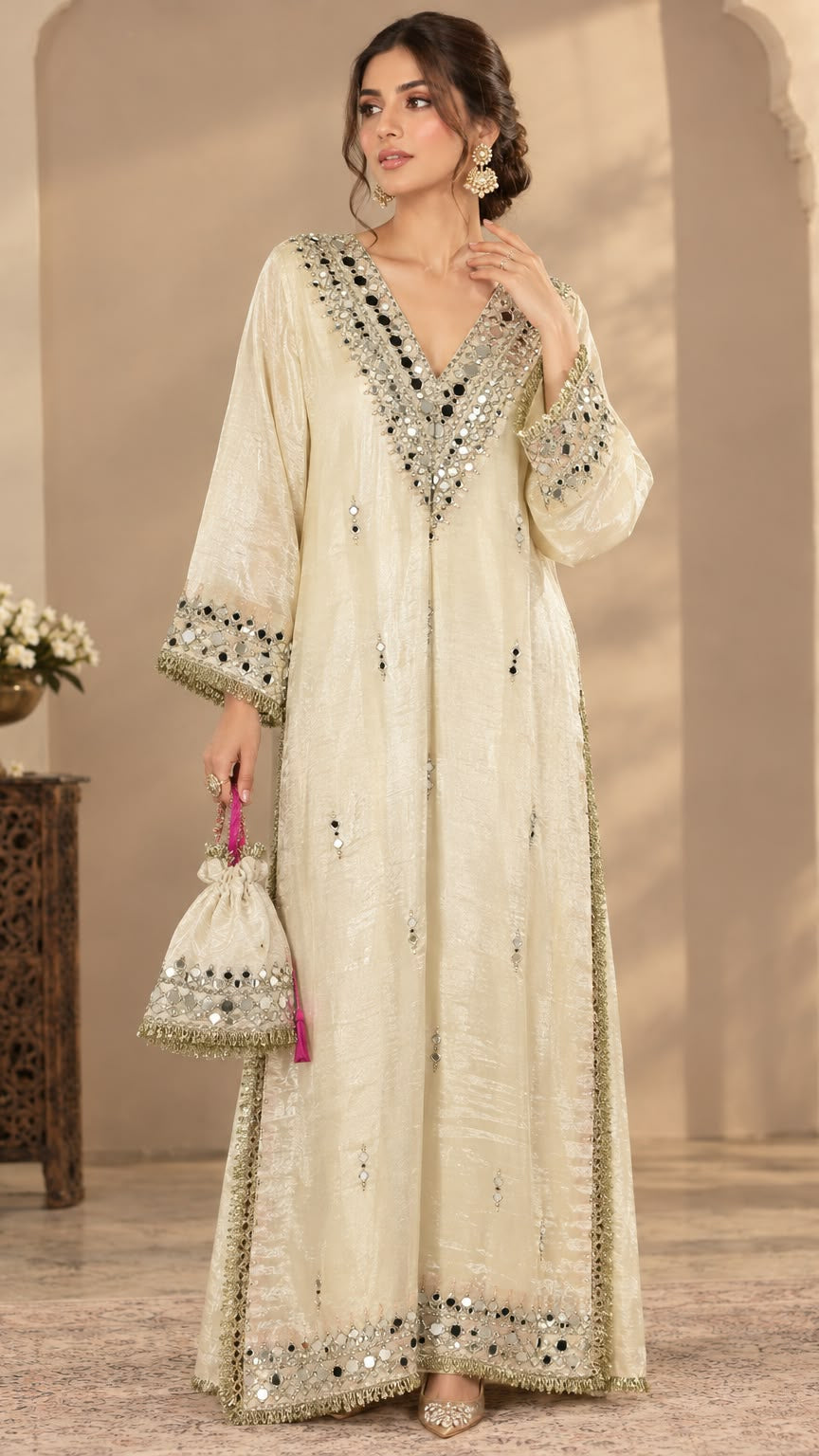Kareena Kapoor Inspired Ivory Kaftan Dress with Mirror Work & Embellished Potli