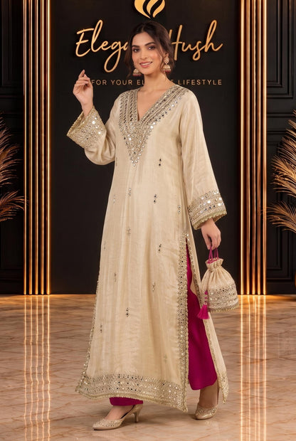 Kareena Kapoor Inspired Ivory Kaftan Dress with Mirror Work & Embellished Potli