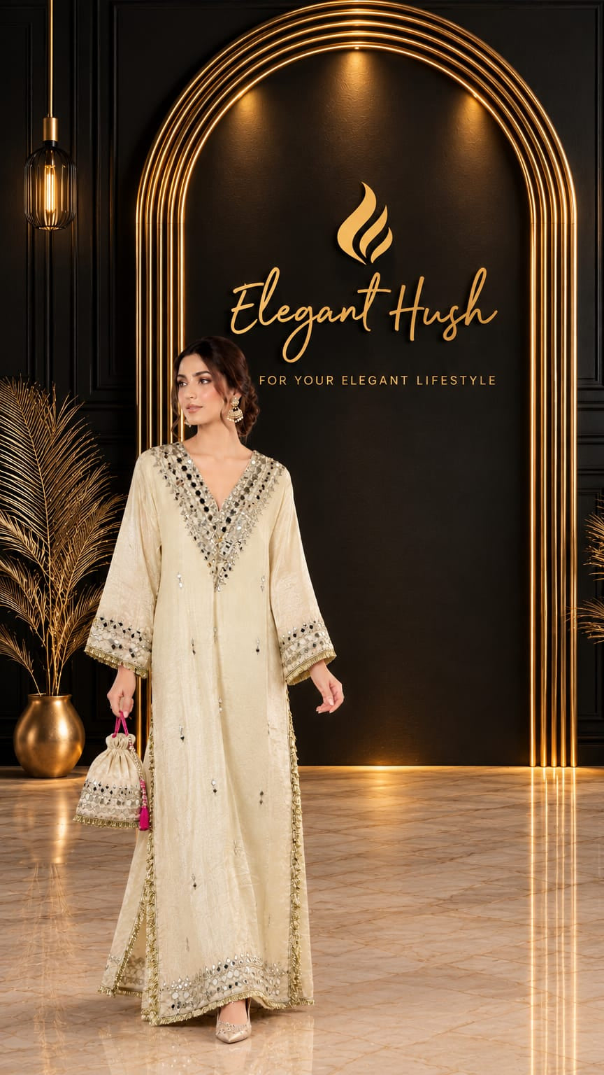 Kareena Kapoor Inspired Ivory Kaftan Dress with Mirror Work & Embellished Potli