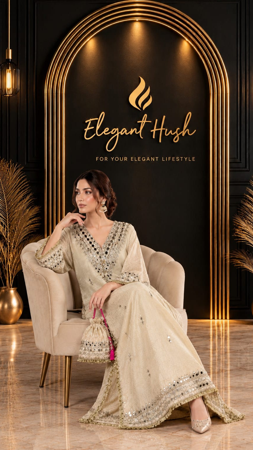 Kareena Kapoor Inspired Ivory Kaftan Dress with Mirror Work & Embellished Potli