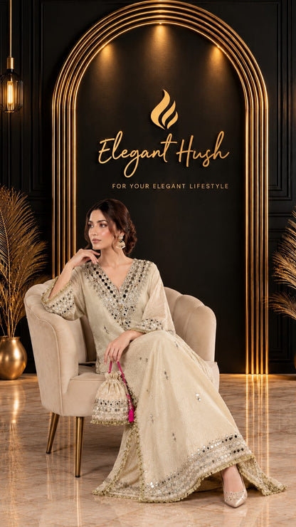 Kareena Kapoor Inspired Ivory Kaftan Dress with Mirror Work & Embellished Potli