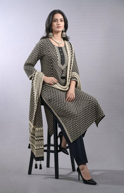 Black Printed Cotton Suit Set