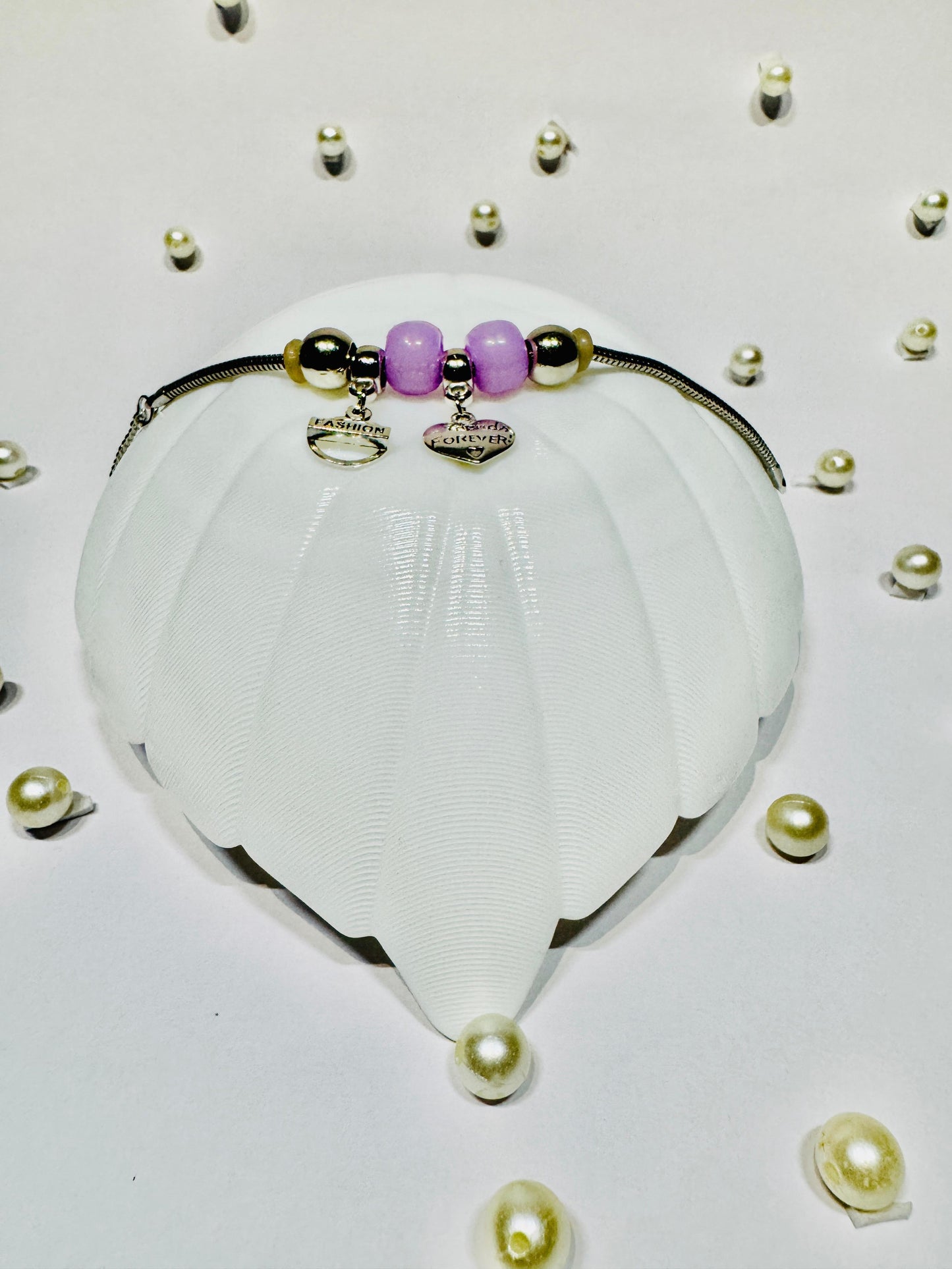 Stainless Steel Charm Bracelet with Lavender Beads