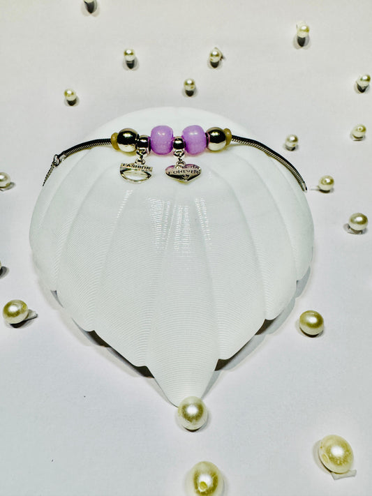 Stainless Steel Charm Bracelet with Lavender Beads