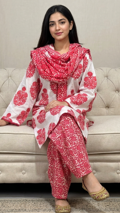 Rosewood Bloom Cotton Farshi Salwar Suit Set