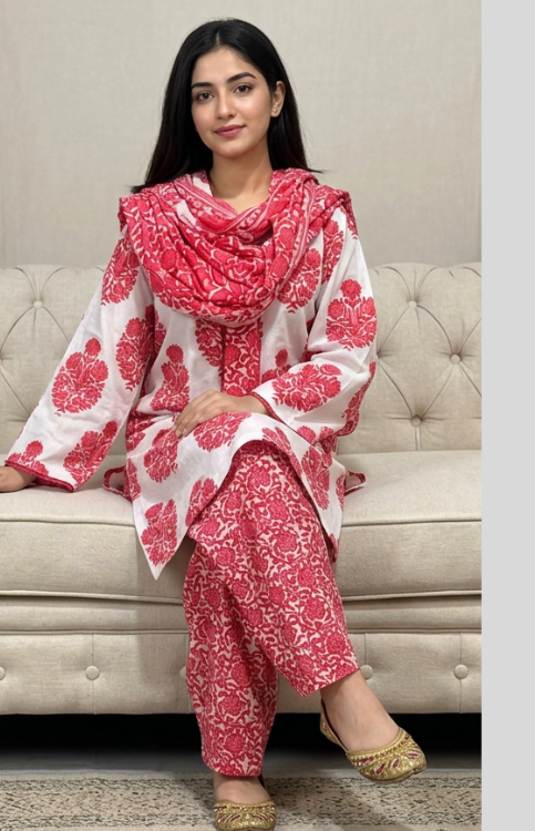 Rosewood Bloom Cotton Farshi Salwar Suit Set
