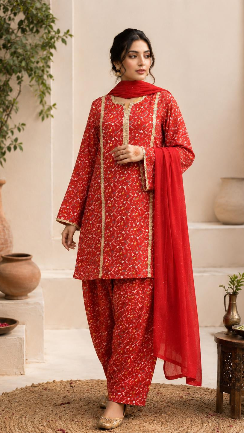 Rust Printed Farshi Salwar Suit
