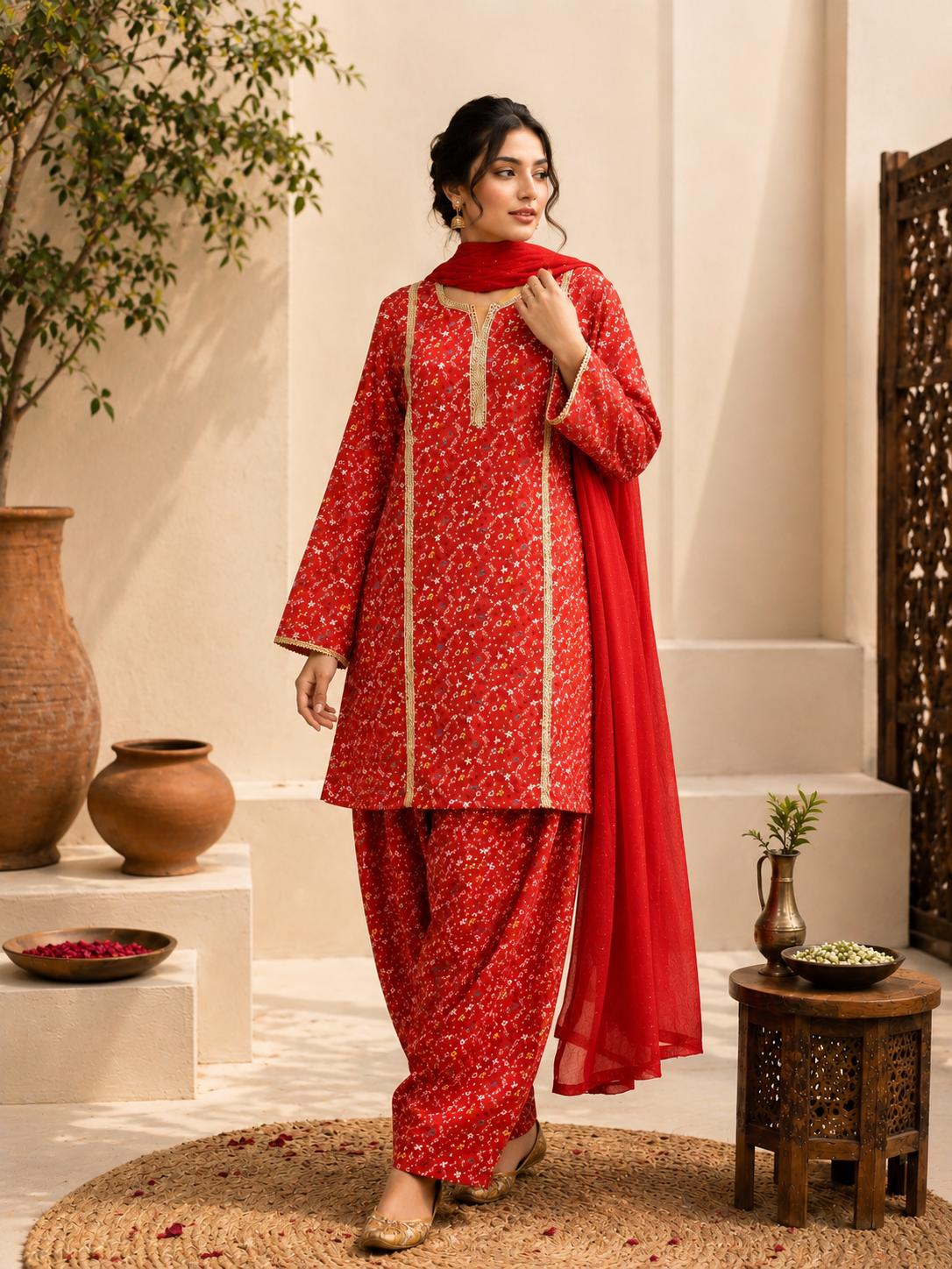 Rust Printed Farshi Salwar Suit