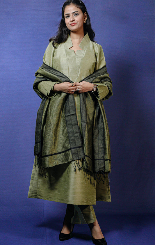 Olive Green Silk Solid Kurta Dupatta Set