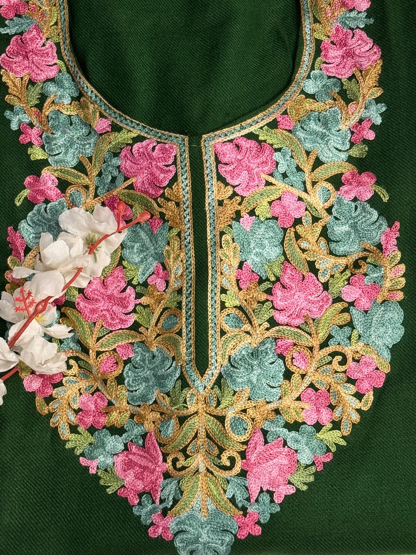 DARK GREEN KASHMIRI PHERAN WITH PINK EMBROIDERY