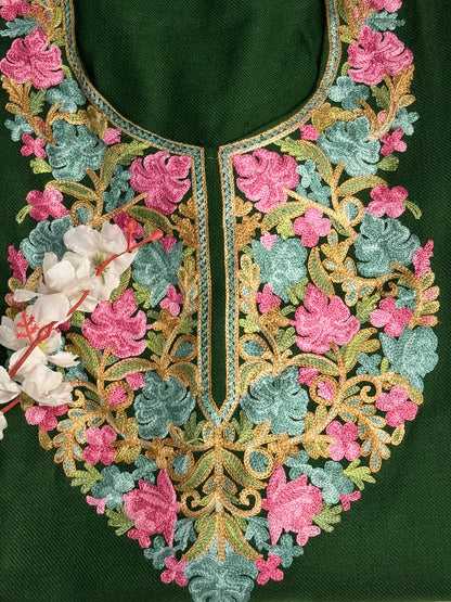 DARK GREEN KASHMIRI PHERAN WITH PINK EMBROIDERY