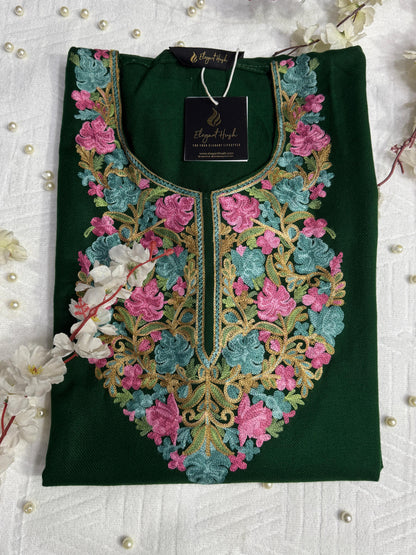DARK GREEN KASHMIRI PHERAN WITH PINK EMBROIDERY