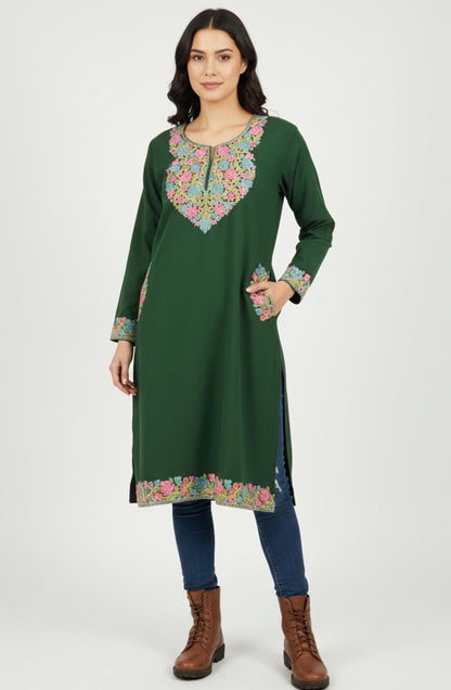 DARK GREEN KASHMIRI PHERAN WITH PINK EMBROIDERY
