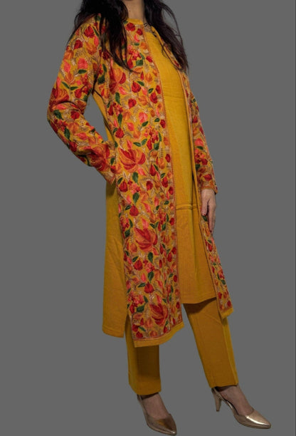 Exquisite Mustard Kashmiri Embroidered 3Pc Woolen Set(Suitable For M & L)