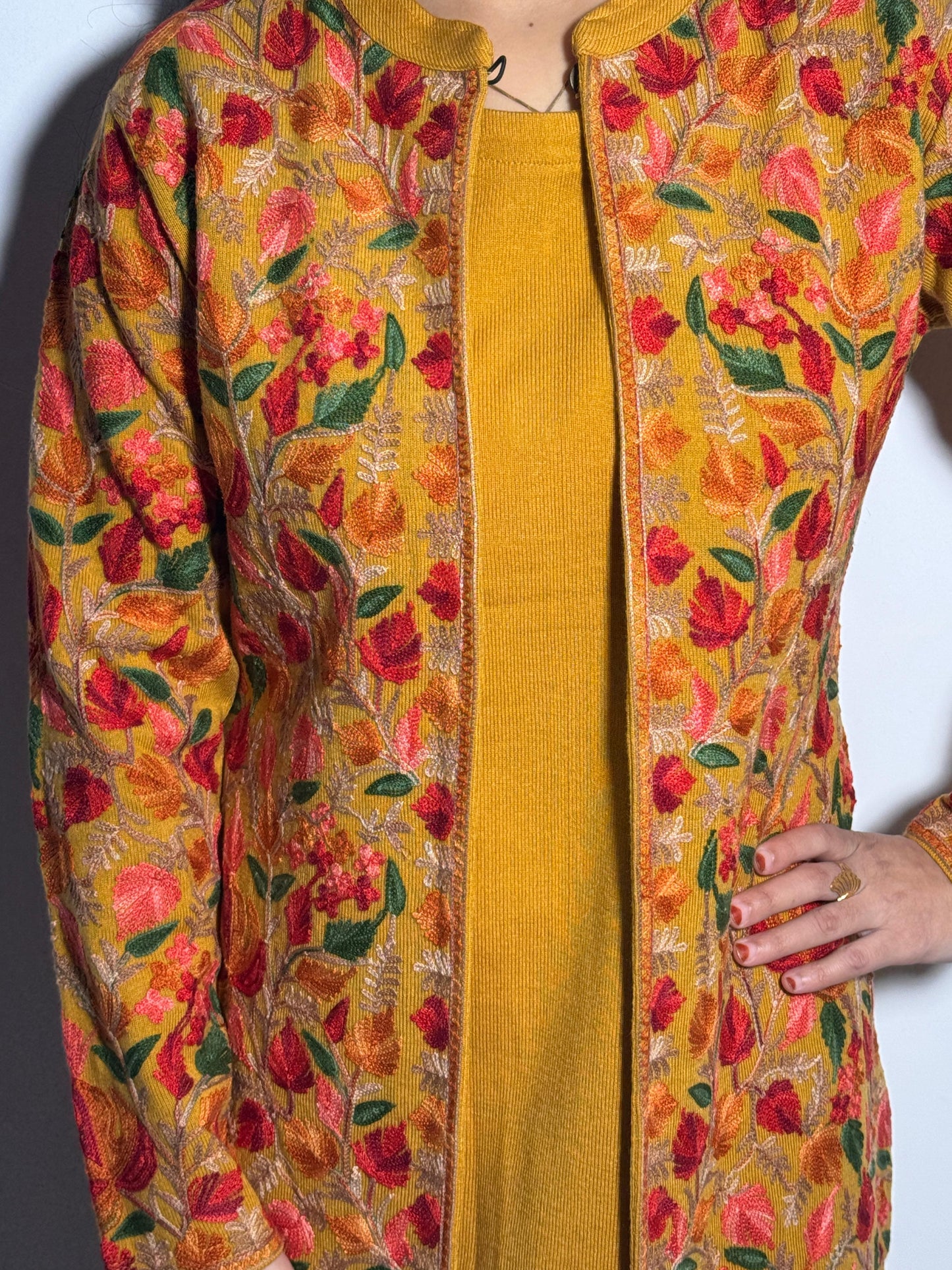 Exquisite Mustard Kashmiri Embroidered 3Pc Woolen Set(Suitable For M & L)